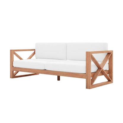 Contemporary White Fabric Outdoor Sofa With Teak Finish