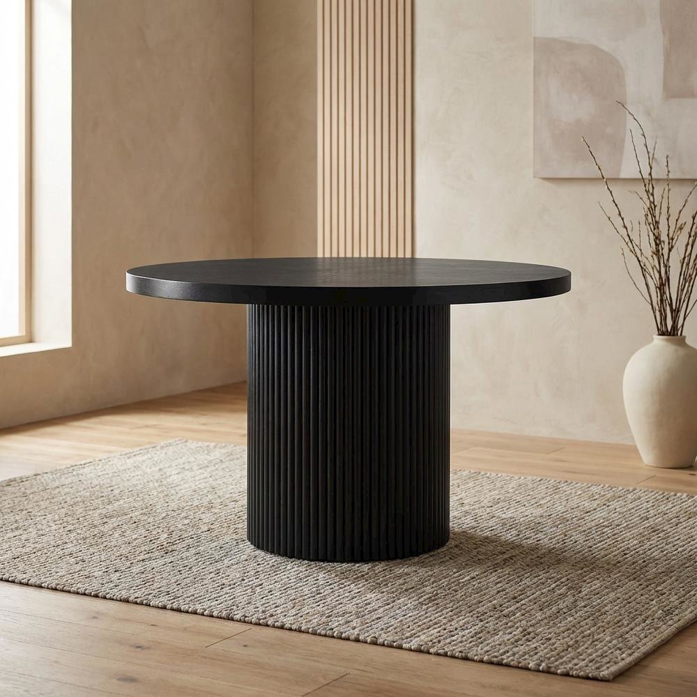 Black Round Oak Veneer Dining Table, Mid-Century Modern, Seats 4