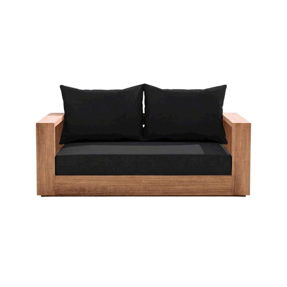 Contemporary Outdoor Loveseat In Black Fabric With Cushion And Light Teak Finish