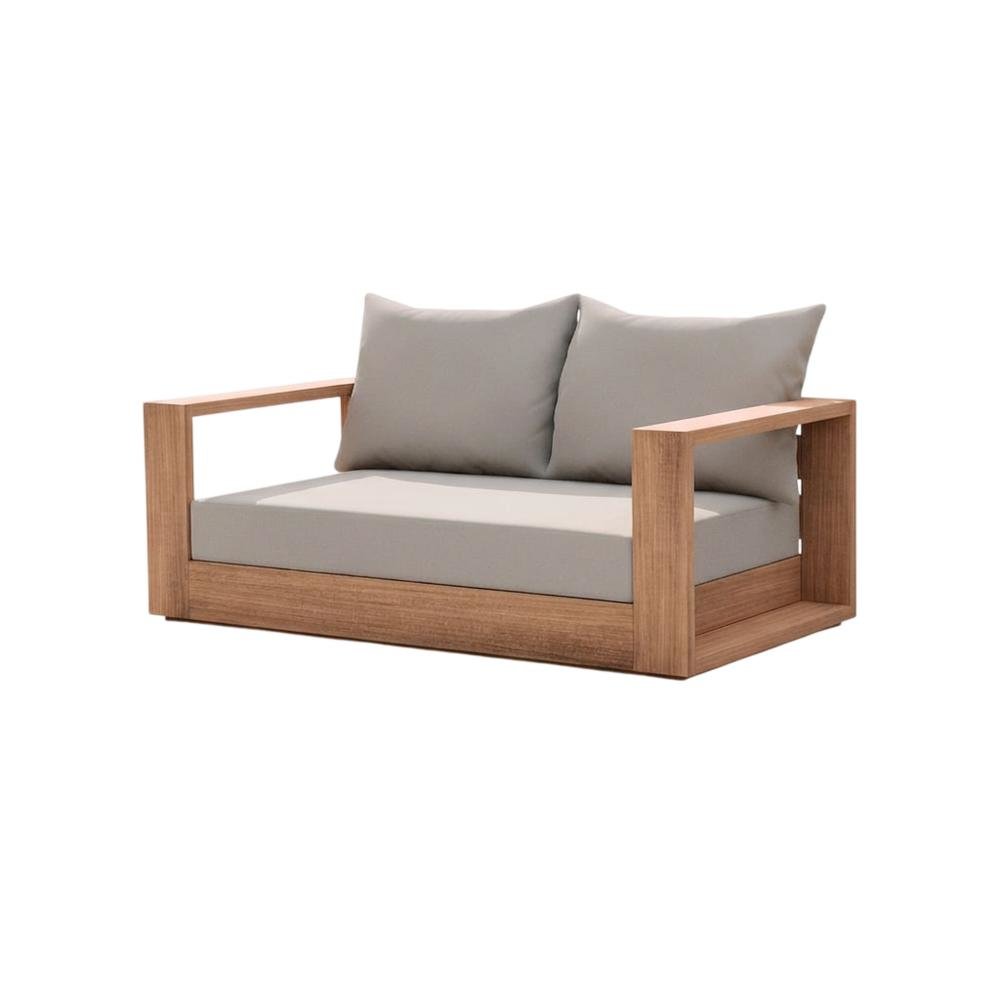 Gray Fabric Outdoor Loveseat With Cushioned Seating And Teak Finish