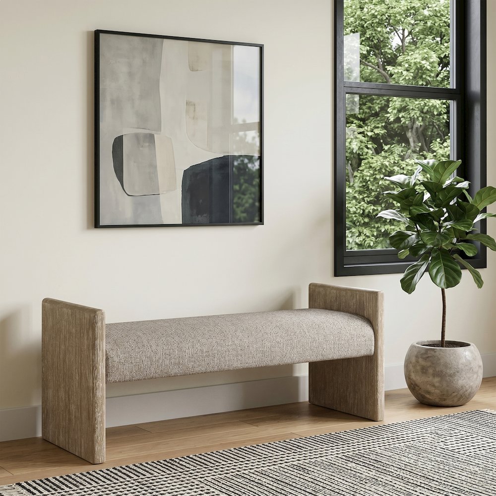 Hickory Beige Fabric Upholstered Bench