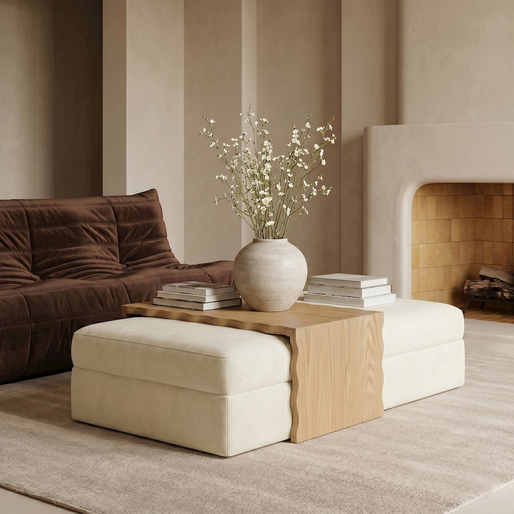 Woodra Cream Velvet Upholstered Coffee Table/Ottoman