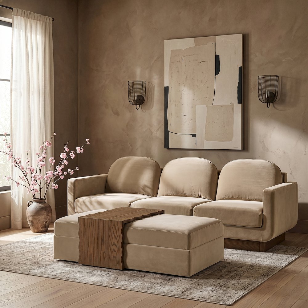 Woodra Beige Velvet Upholstered Coffee Table/Ottoman