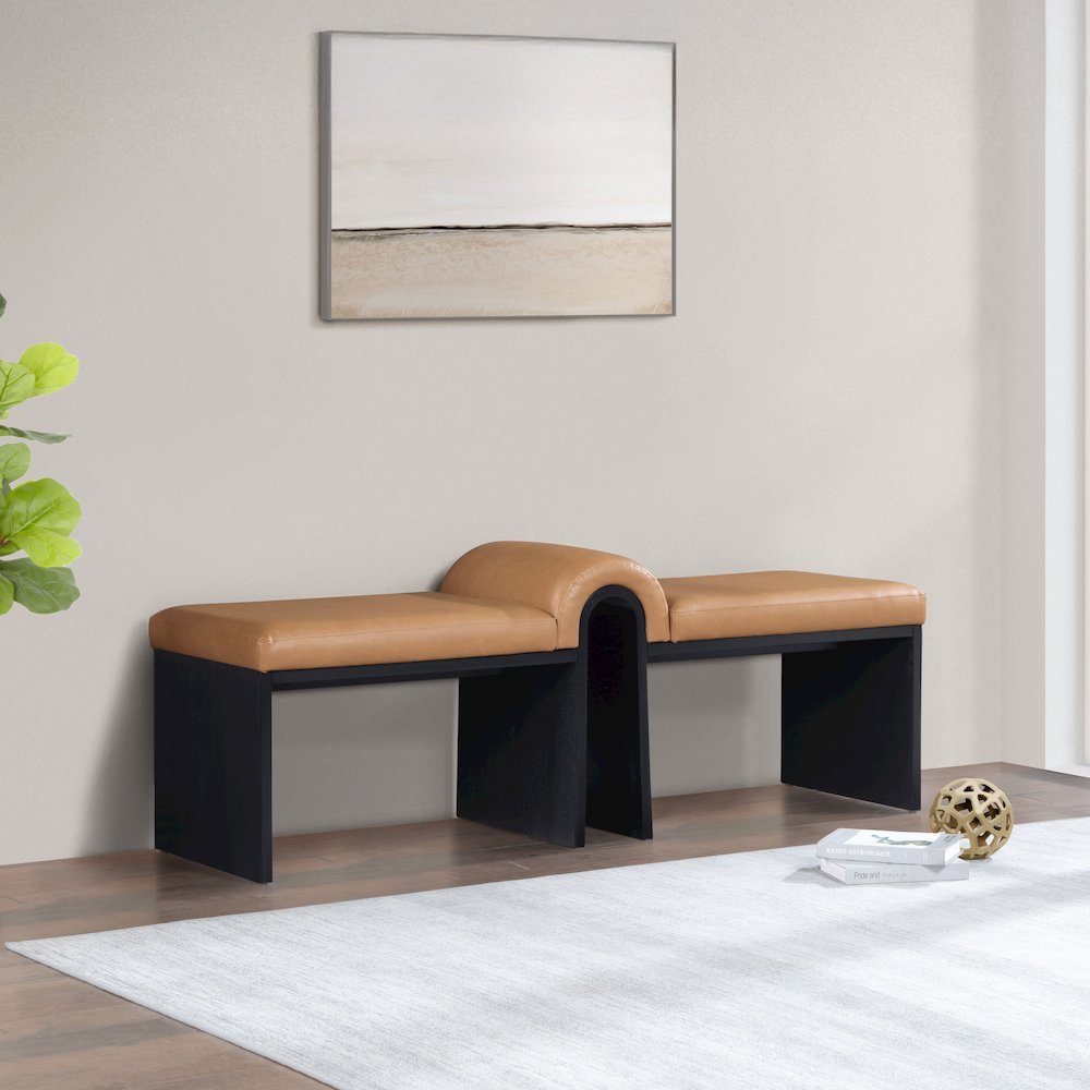 Delphine Cognac Vegan Leather Upholstered Bench