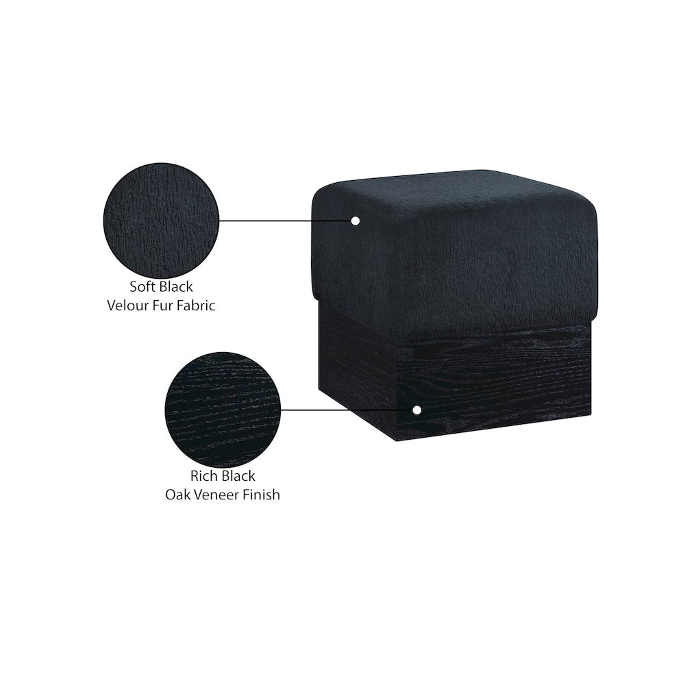 Havre Black Velour Fur Fabric Ottoman/Stool