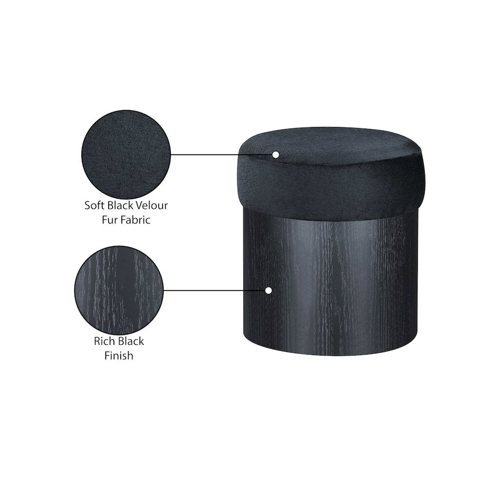 Nimes Black Velour Fur Fabric Ottoman/Stool