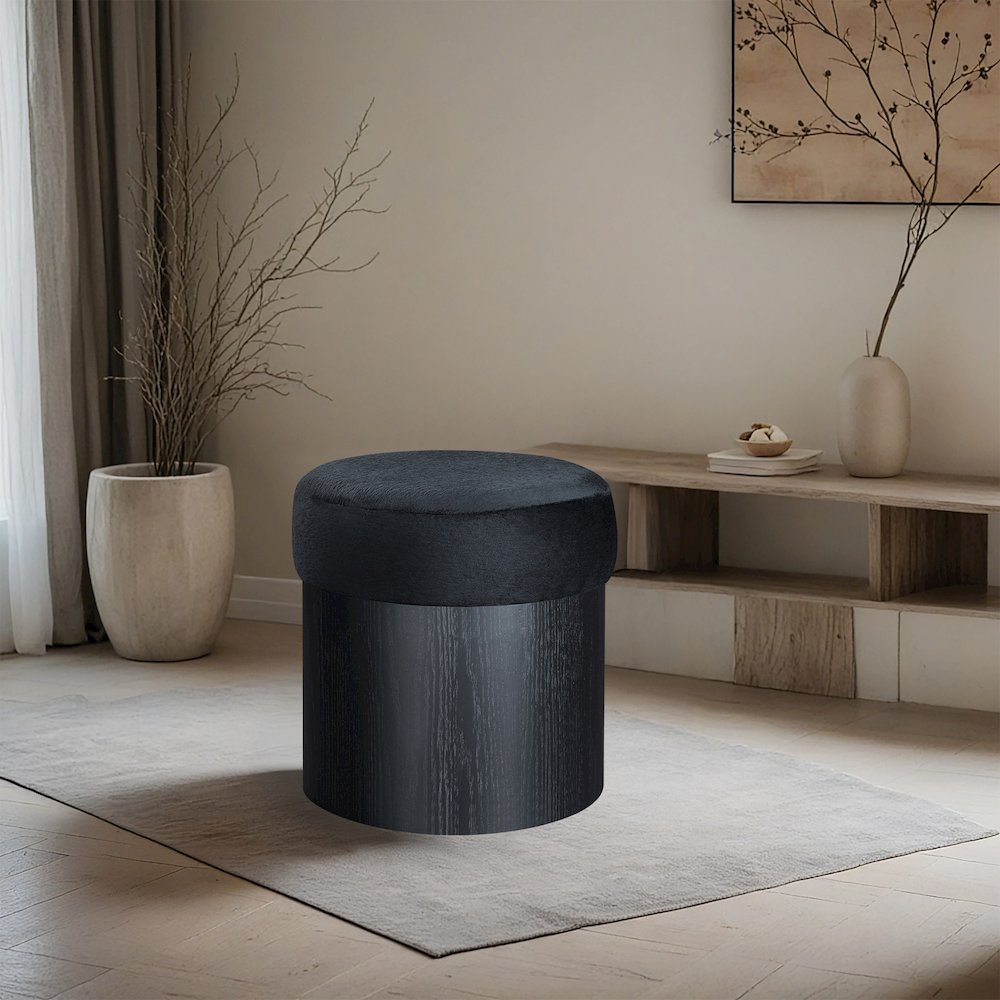 Nimes Black Velour Fur Fabric Ottoman/Stool