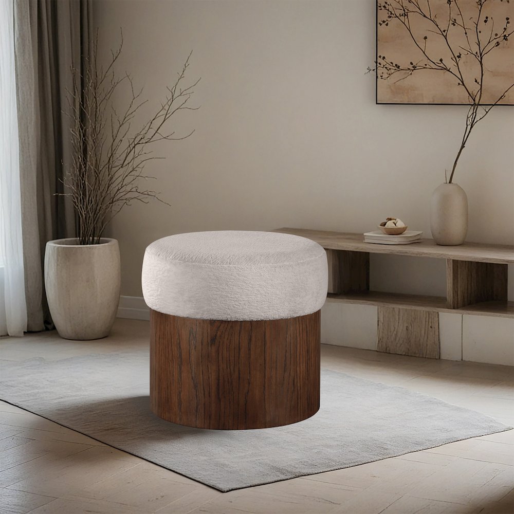 Nimes Beige Velour Fur Fabric Ottoman/Stool