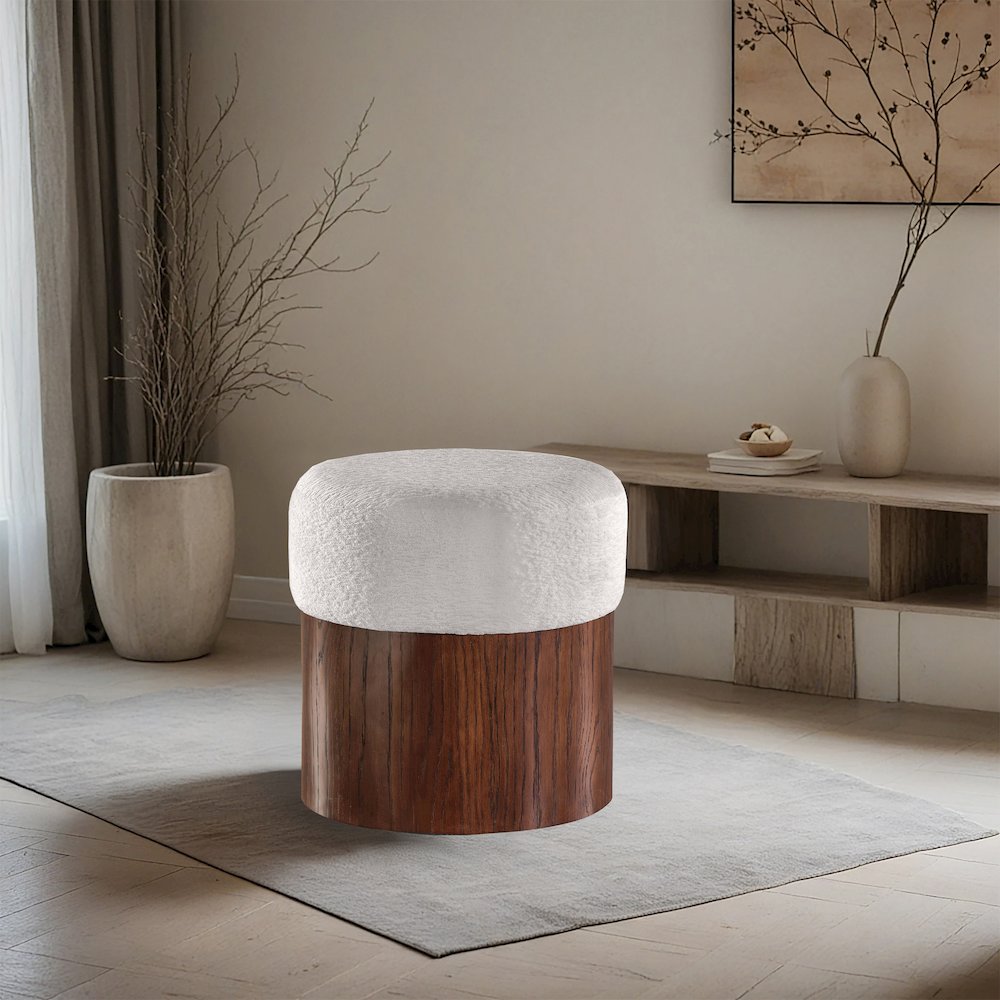 Nimes Cream Velour Fur Fabric Ottoman/Stool