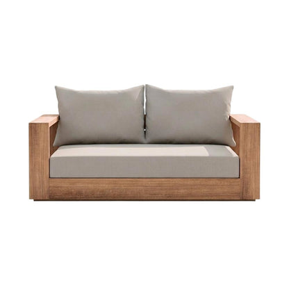 Gray Fabric Outdoor Loveseat With Cushioned Seating And Teak Finish