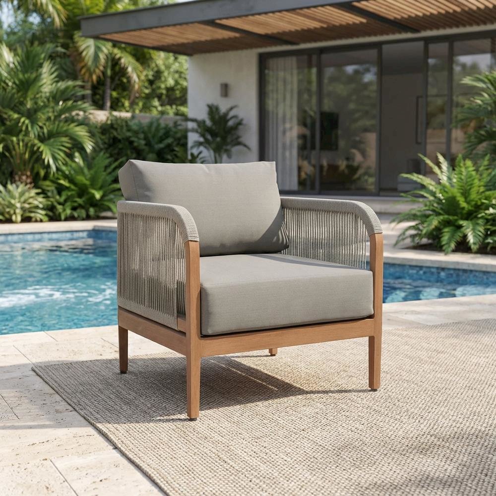 Gray Fabric Outdoor Patio Chair With Aluminum Frame And Teak Wood Look