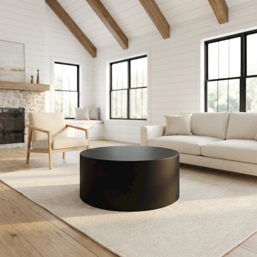 Contemporary Matte Black Coffee Table with Drum Legs and Modern Style