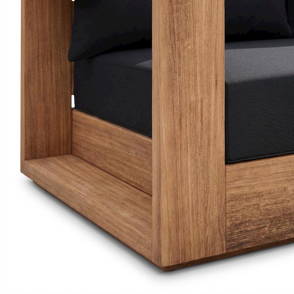 Contemporary Outdoor Loveseat In Black Fabric With Cushion And Light Teak Finish