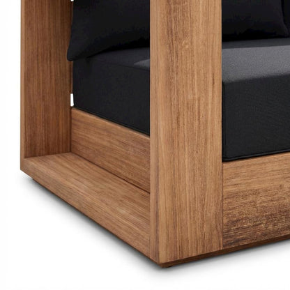 Contemporary Outdoor Loveseat In Black Fabric With Cushion And Light Teak Finish