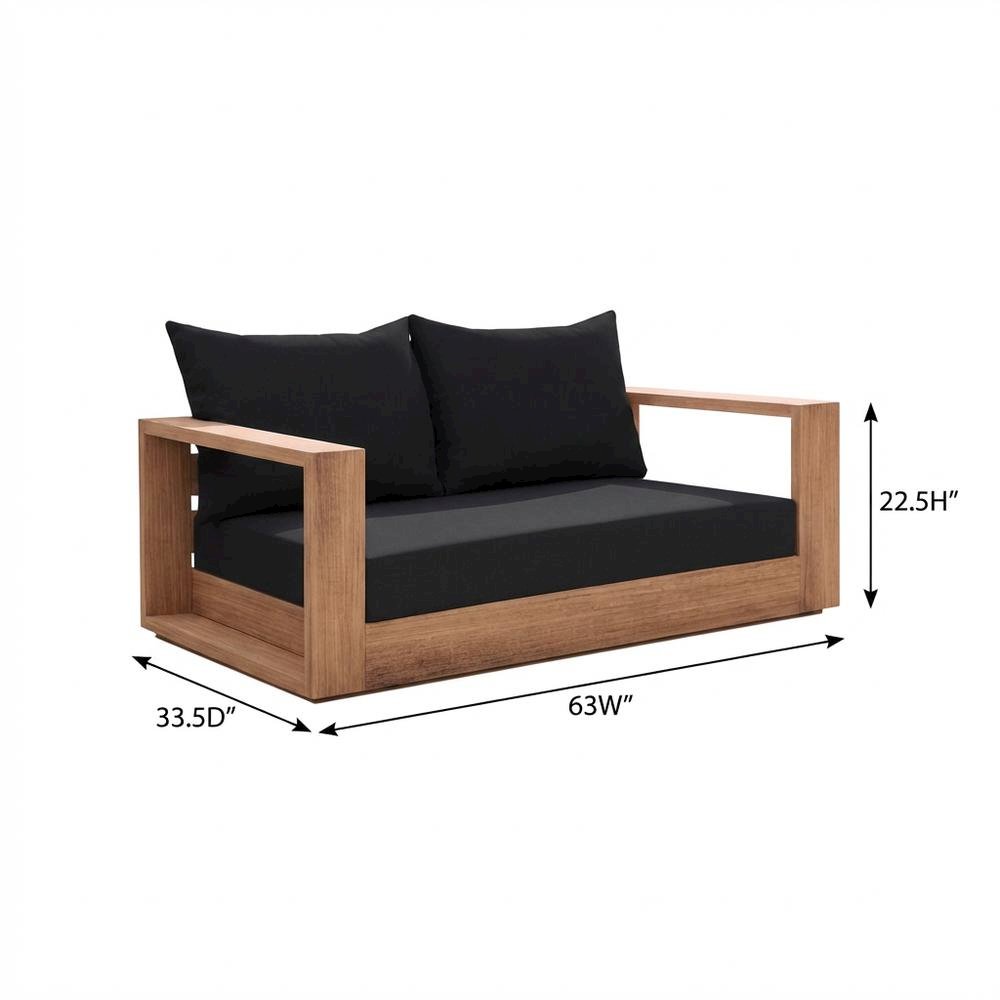 Contemporary Outdoor Loveseat In Black Fabric With Cushion And Light Teak Finish