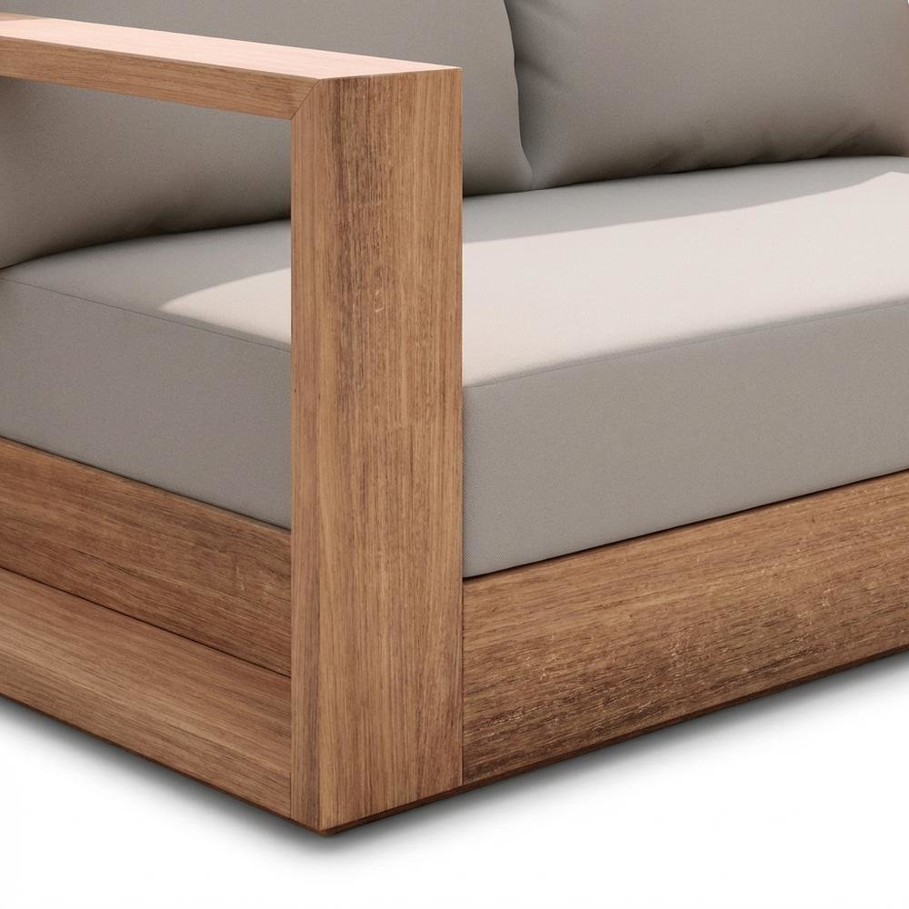 Gray Fabric Outdoor Loveseat With Cushioned Seating And Teak Finish