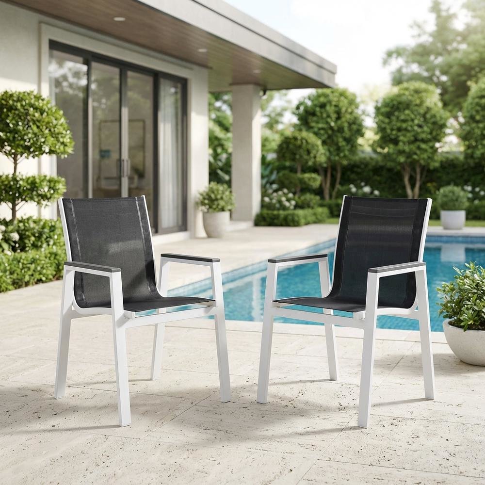 White Fabric Outdoor Patio Dining Arm Chair Set Of 2 With Contemporary Style