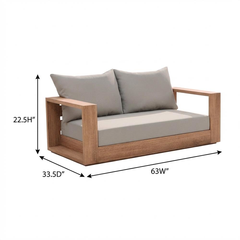 Gray Fabric Outdoor Loveseat With Cushioned Seating And Teak Finish