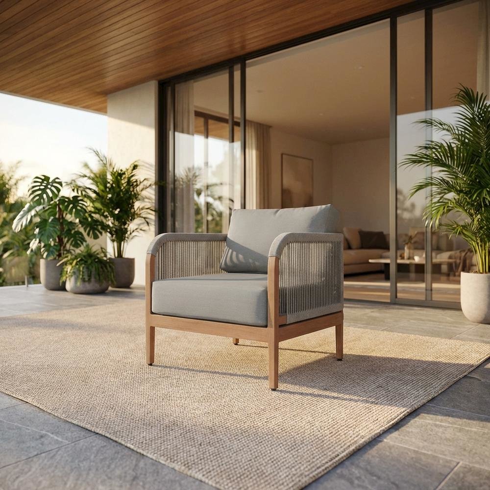Gray Fabric Outdoor Patio Chair With Aluminum Frame And Teak Wood Look