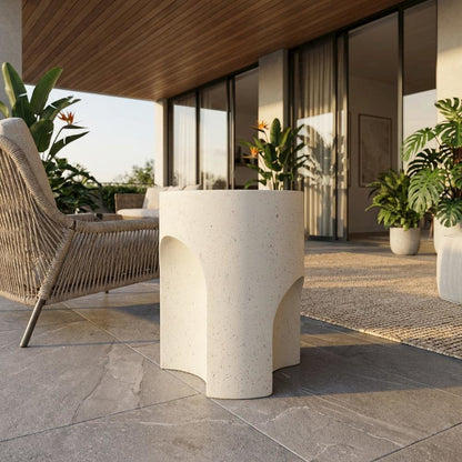 Cream Concrete Fiberglass Indoor Outdoor Round End Table with Art Deco Style
