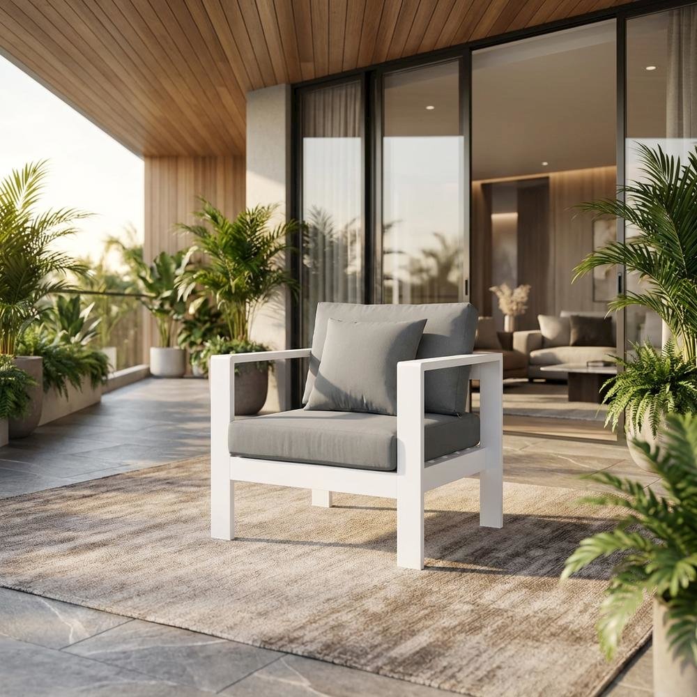 Gray Fabric Outdoor Patio Aluminum Armchair, Cushioned Seat, Contemporary Style