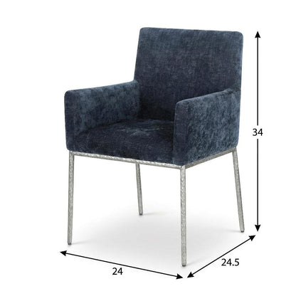 Navy Chenille Dining Chair Set of 2 with Brushed Silver Frame and Cushioned Seat