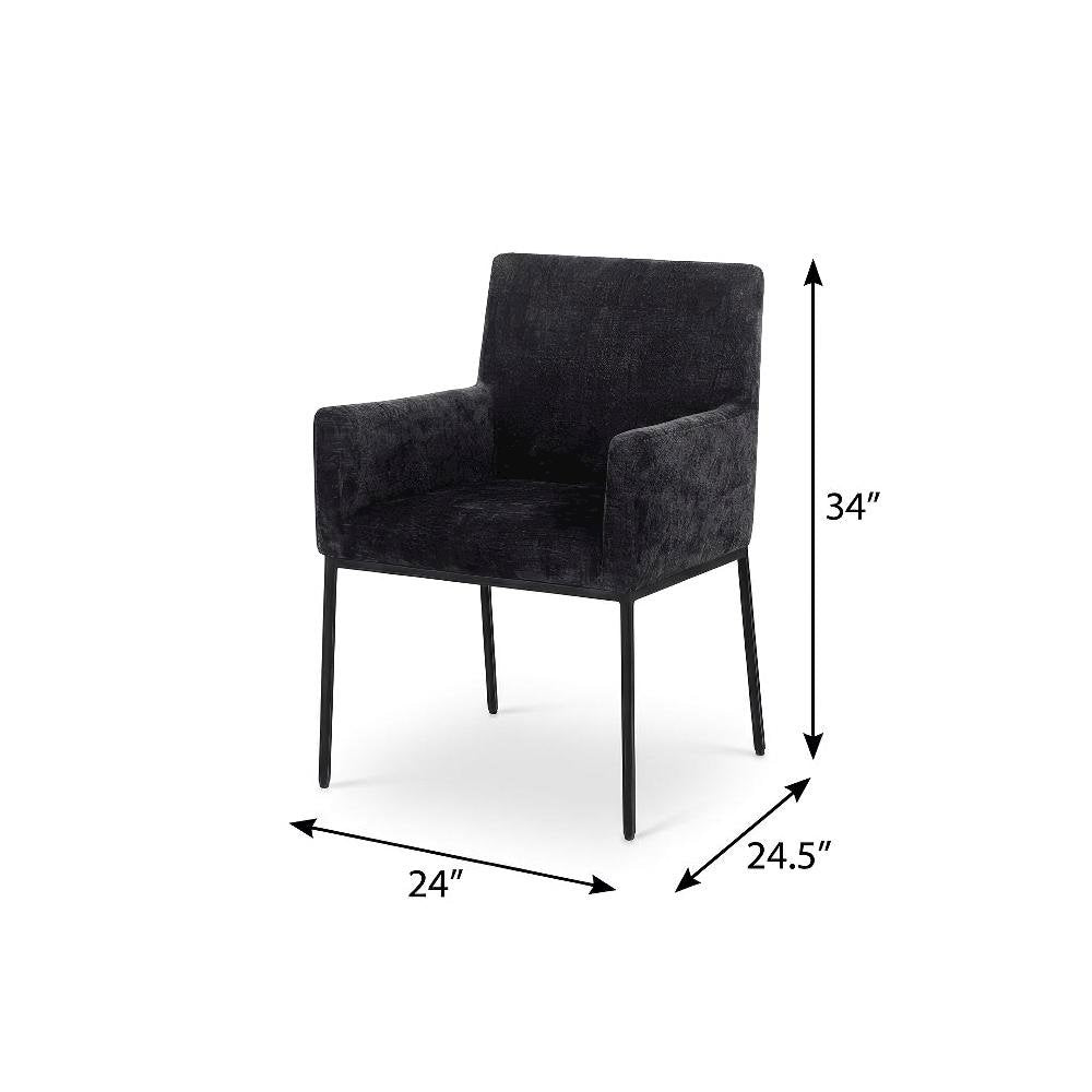Matte Black Chenille Fabric Dining Chairs Set of 2 with Arms and Cushioned Seats
