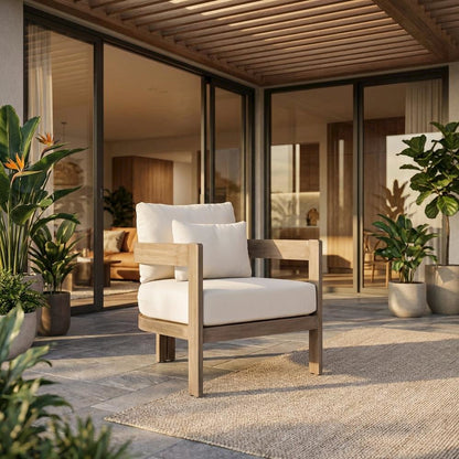 Cream Fabric Outdoor Patio Chair With Pillow And Contemporary Style