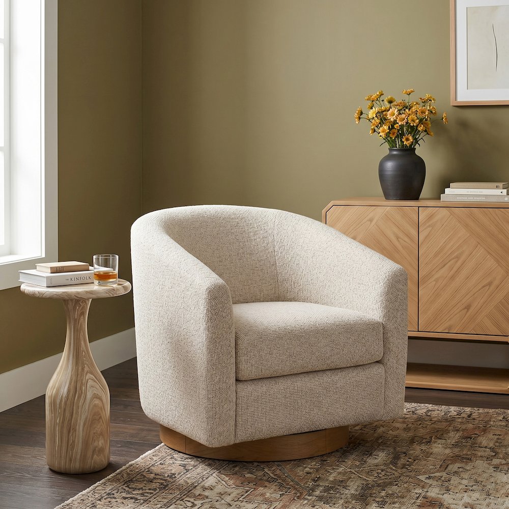 Modra Beige Performance Fabric Upholstered Swivel Accent Chair