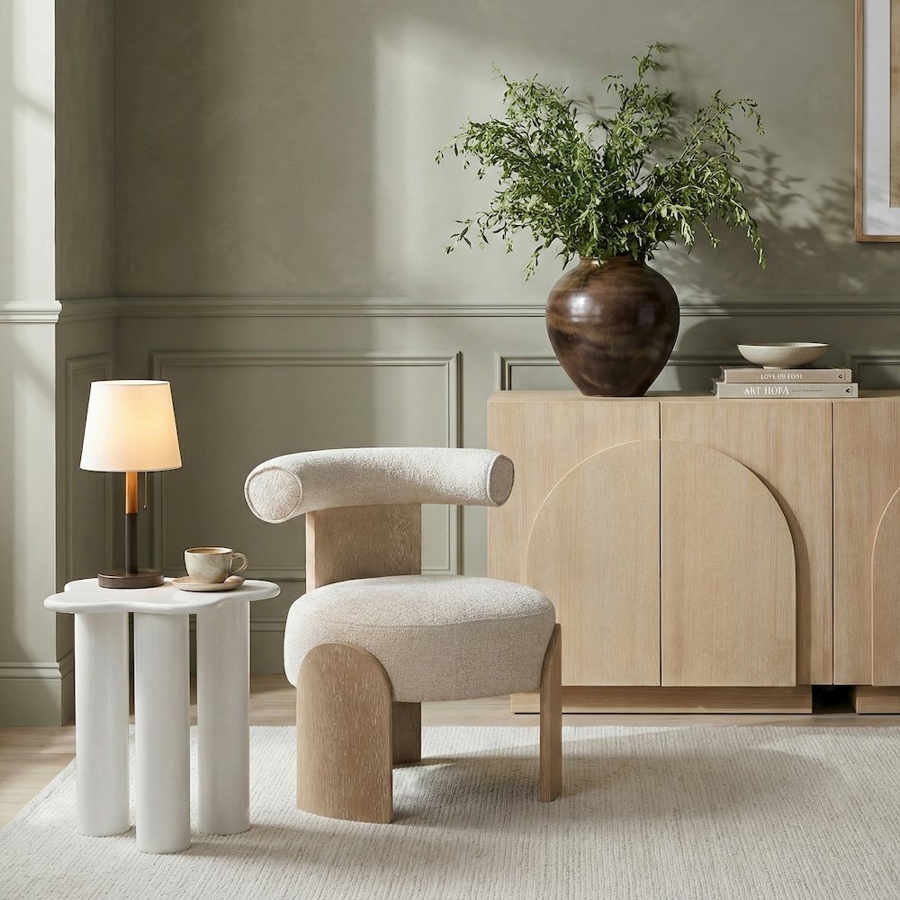 Calder Beige Linen Textured Fabric Upholstered Accent Chair