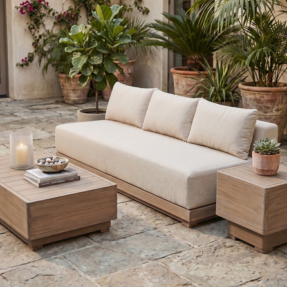 Solace 77" Beige Olefin Performance Fabric Outdoor Patio Modular Sofa