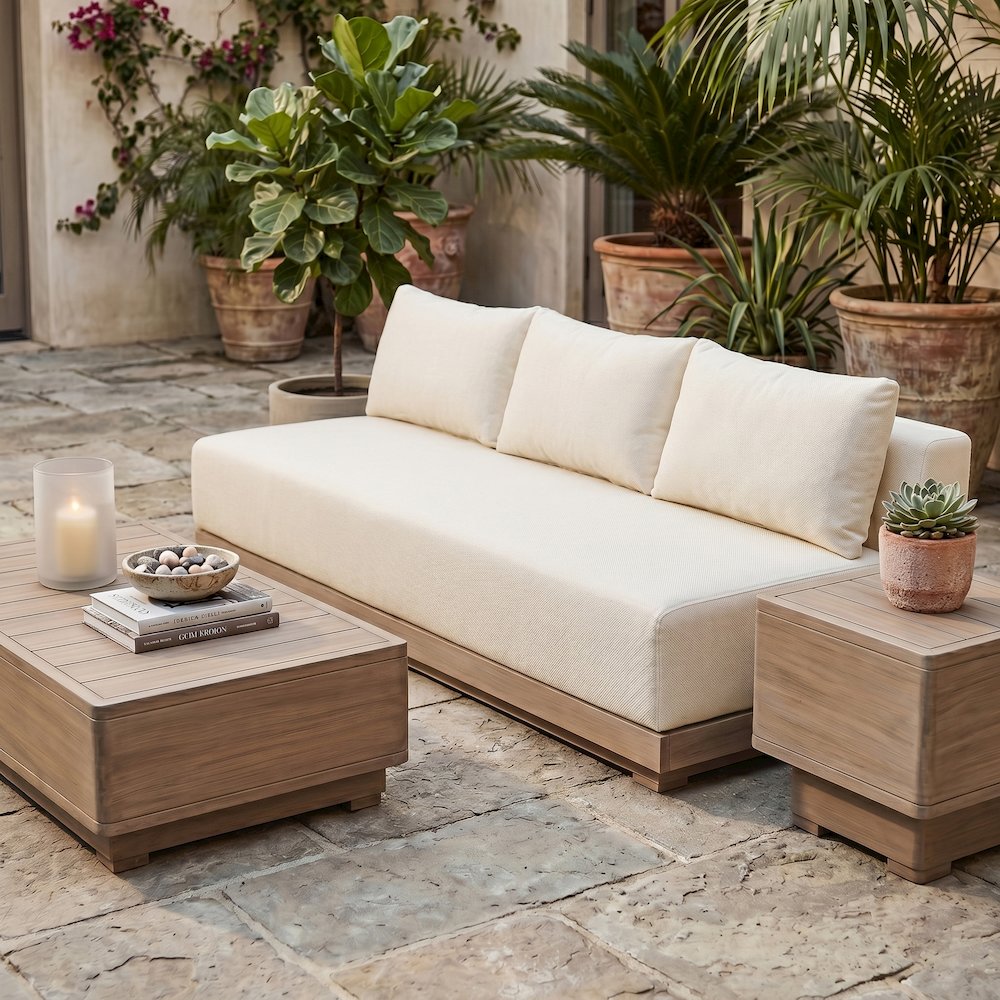 Solace 77" Cream Olefin Performance Fabric Outdoor Patio Modular Sofa