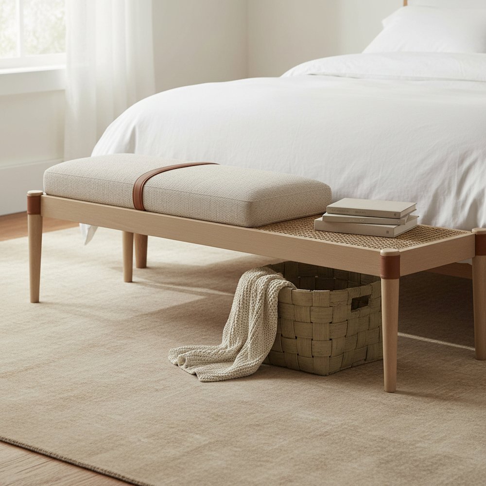 Nara Beige Linen Textured Fabric Upholstered Bench