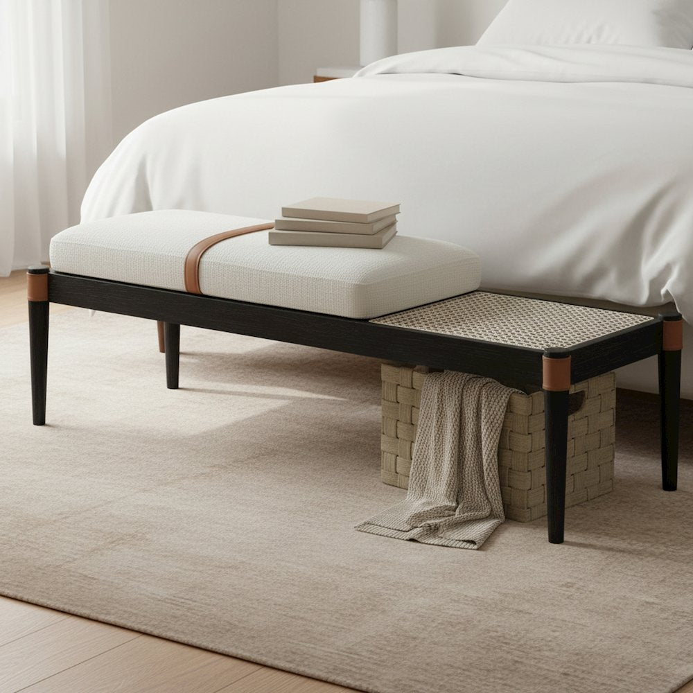 Nara Cream Linen Textured Fabric Upholstered Bench