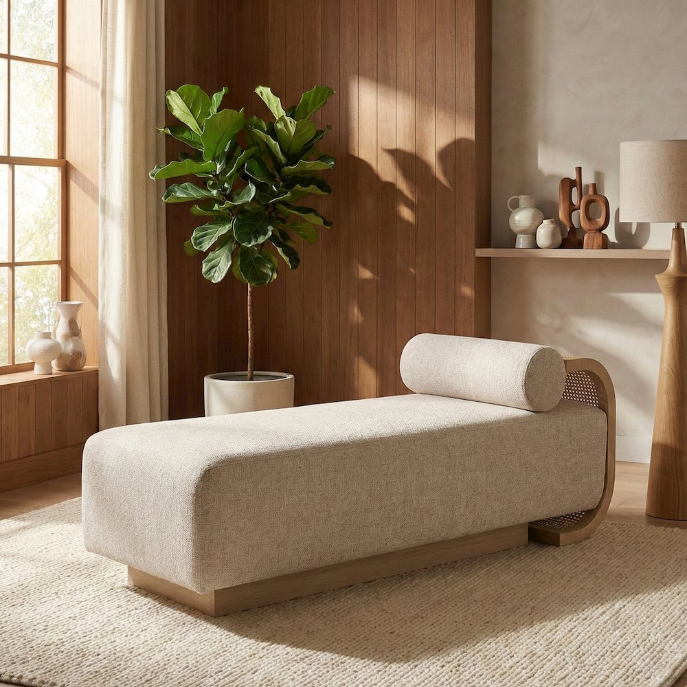 Zephyr Beige Linen Textured Fabric Upholstered Chaise