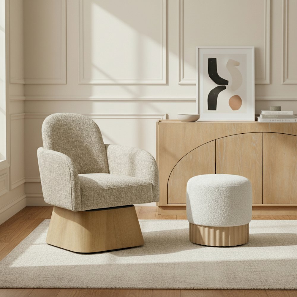 Marlowe Beige Linen Textured Fabric Upholstered Swivel Accent Chair