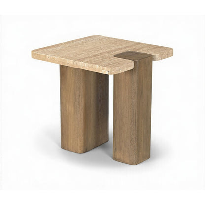 Ravenna Natural Genuine Travertine and Oak Wood End / Side Table
