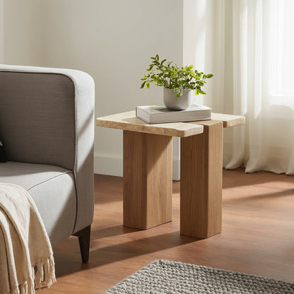 Ravenna Natural Genuine Travertine and Oak Wood End / Side Table