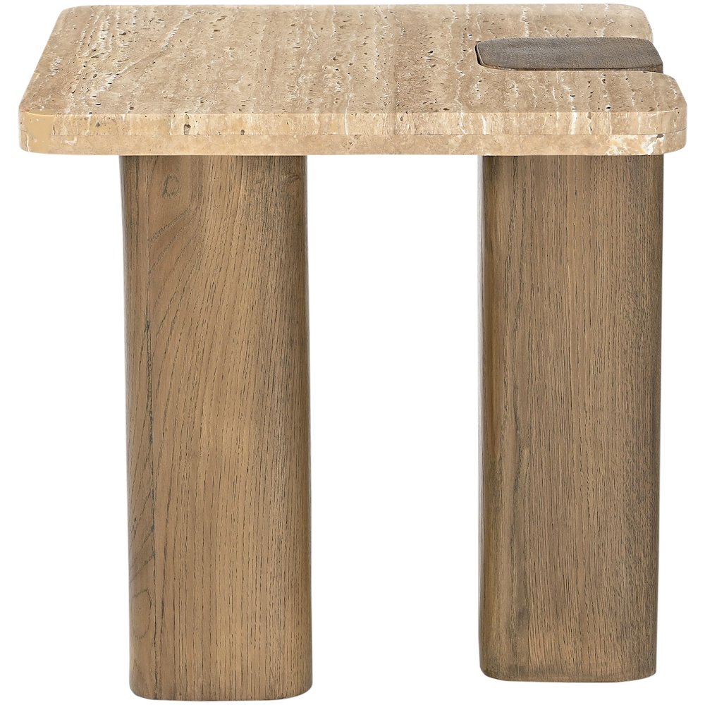 Ravenna Natural Genuine Travertine and Oak Wood End / Side Table