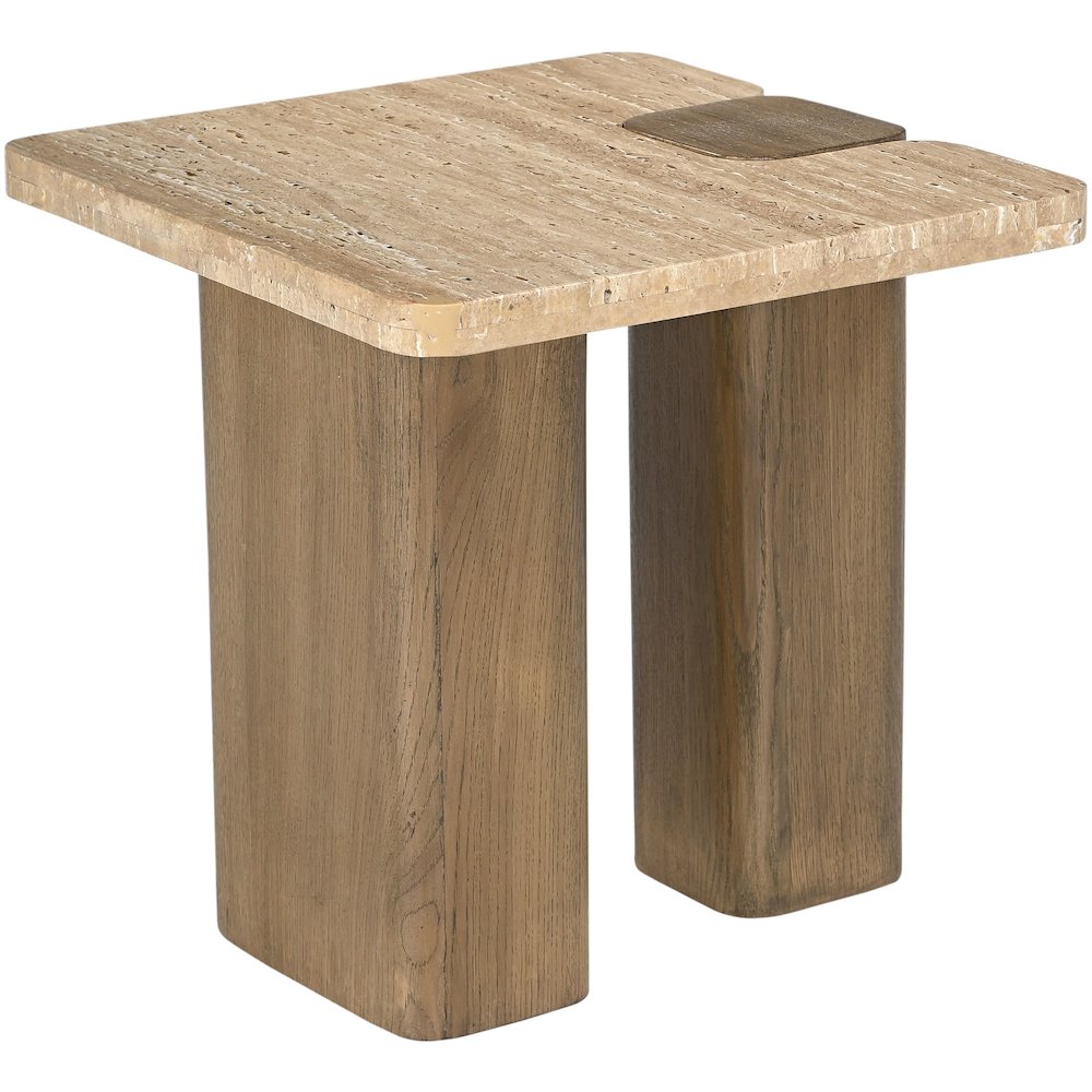 Ravenna Natural Genuine Travertine and Oak Wood End / Side Table
