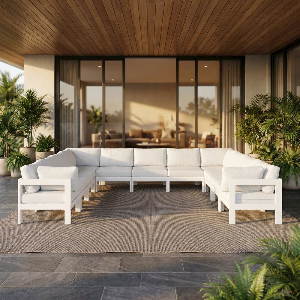 White Fabric Outdoor Patio Modular Sectional, Contemporary Style Relaxing Lounge