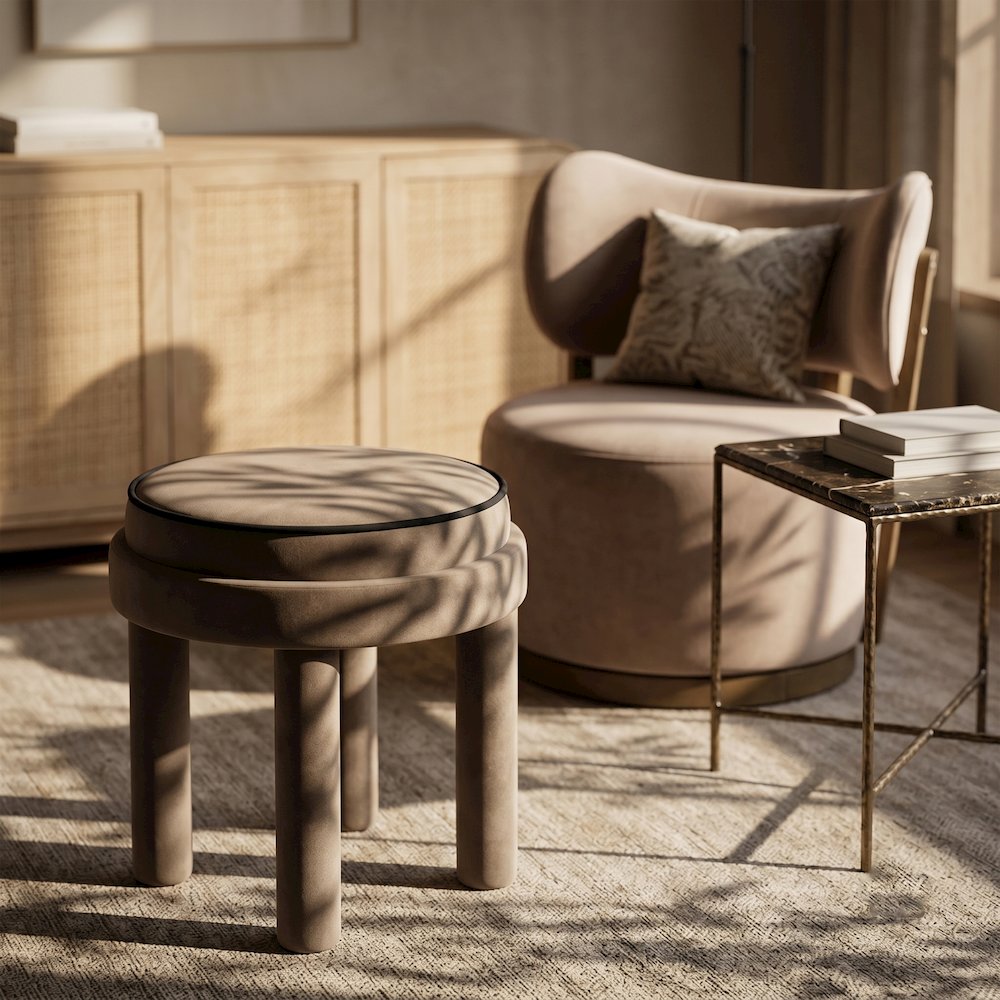 Velin Taupe Velvet Upholstered Ottoman / Stool