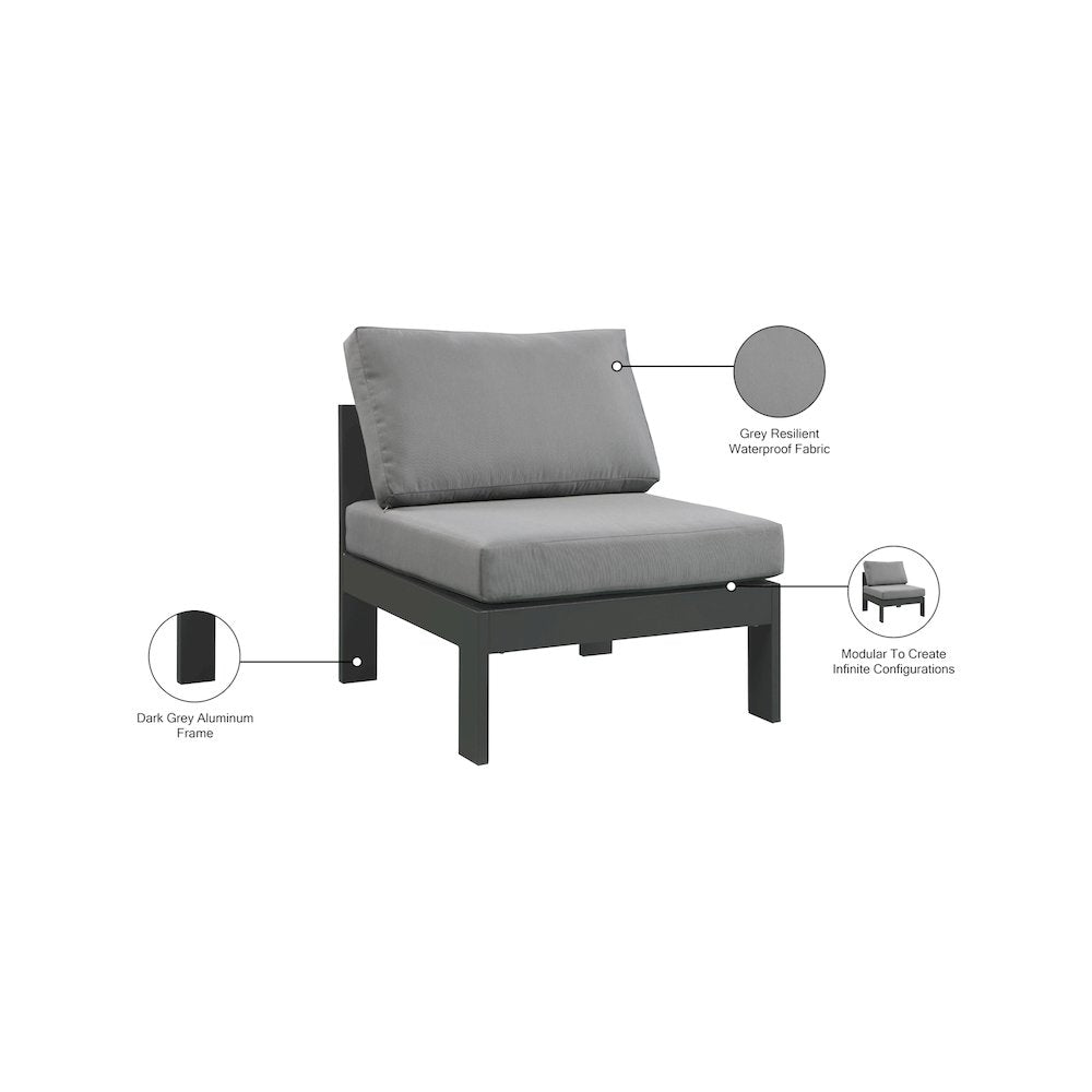 Nizuc Grey Water Resistant Fabric Outdoor Patio Aluminum Armless Chair