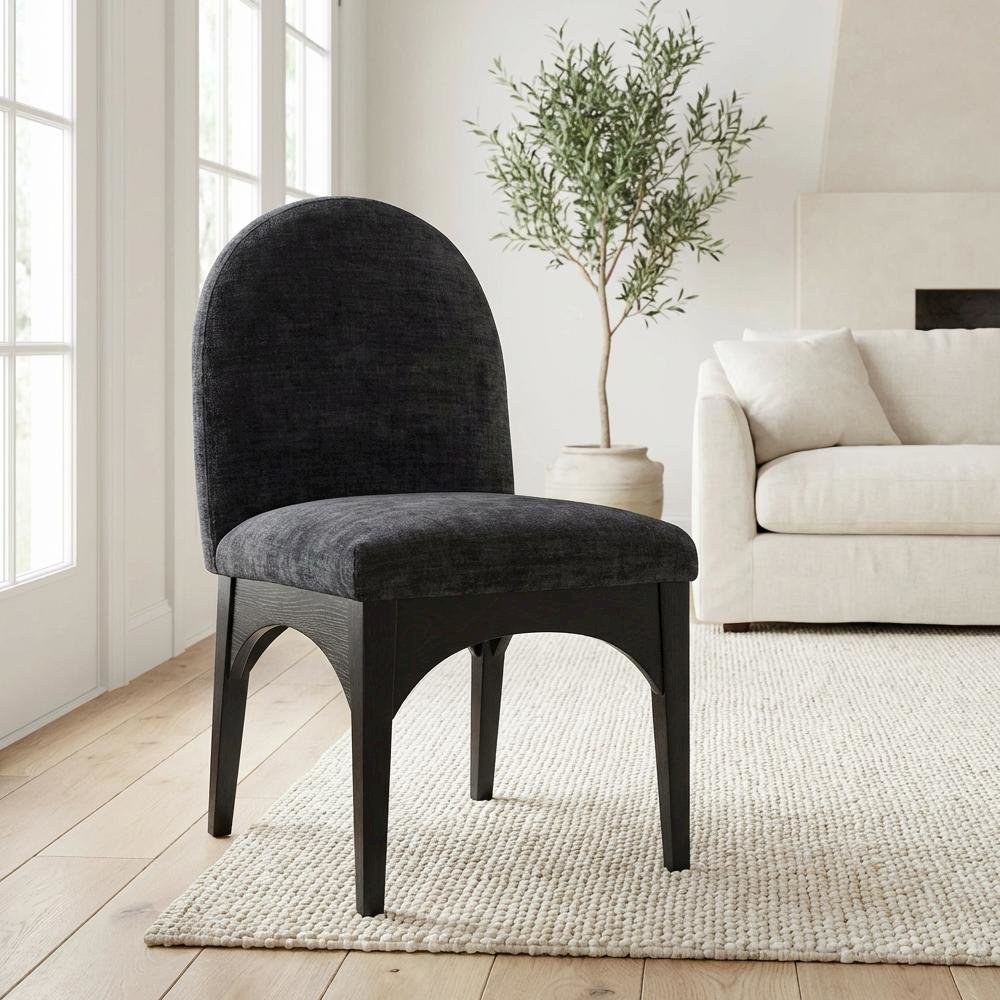 Black Chenille Fabric Dining Chair with Art Deco Design and Cushioned Seat