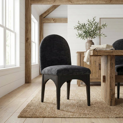 Black Chenille Fabric Dining Chair with Art Deco Design and Cushioned Seat