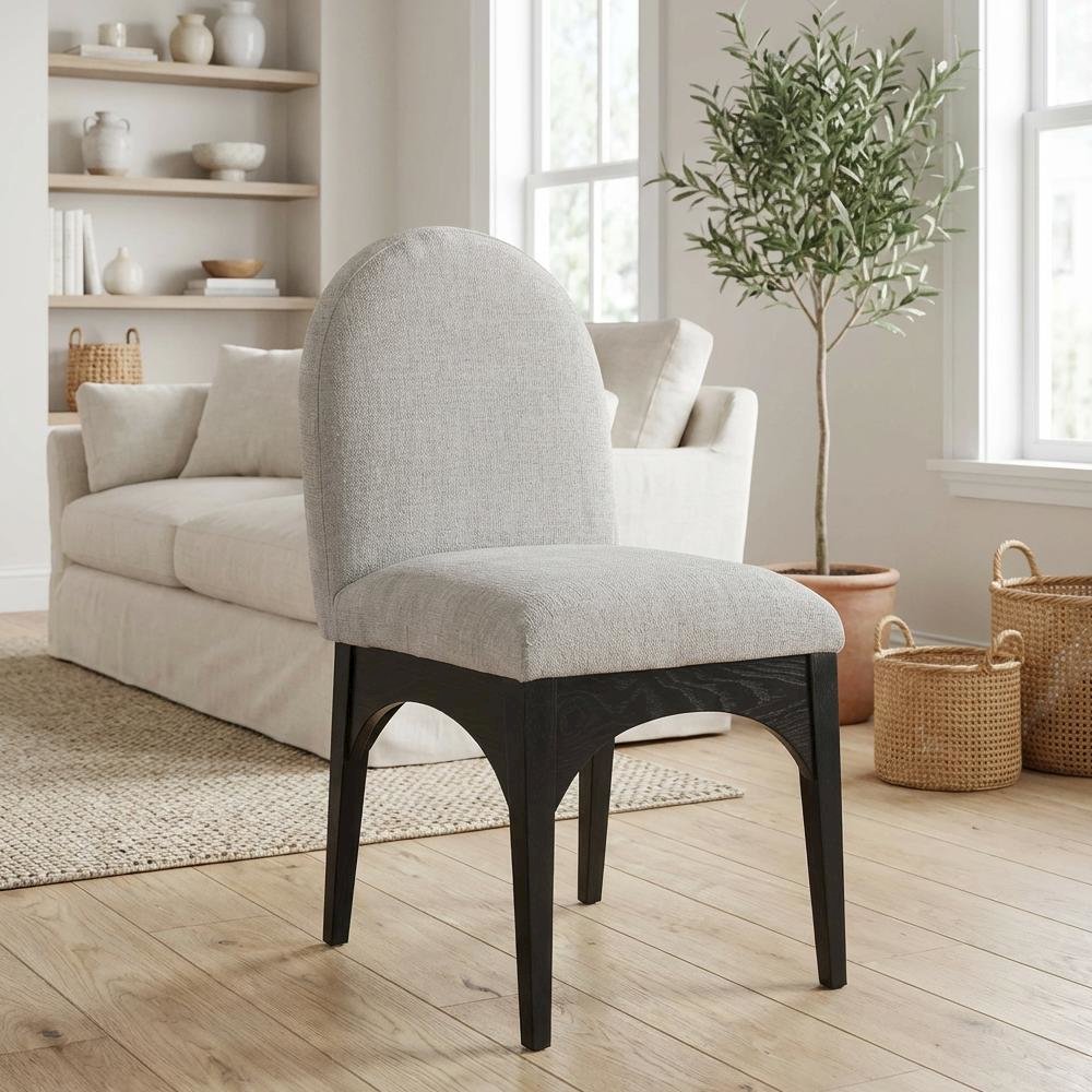 Black Chenille Fabric Dining Chair with Art Deco Back and Cushioned Seat