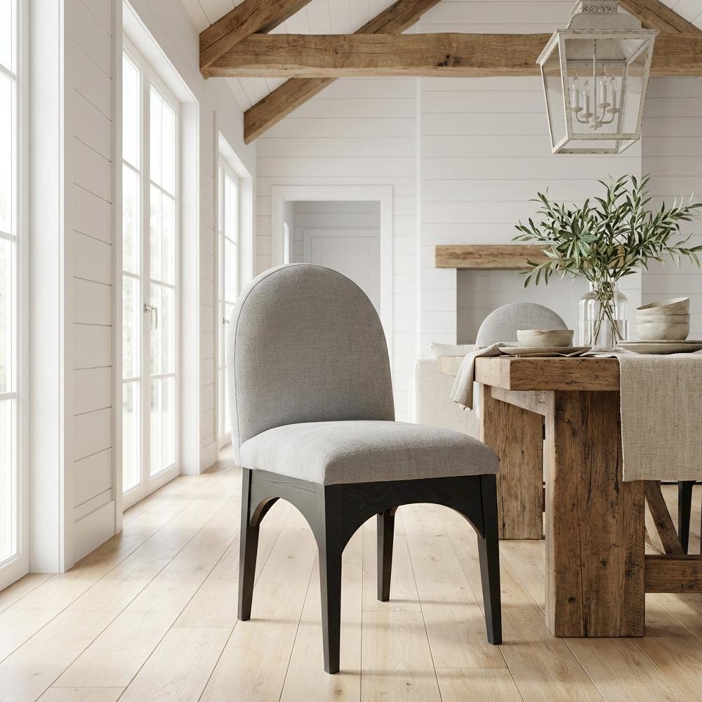 Black Chenille Fabric Dining Chair with Art Deco Back and Cushioned Seat