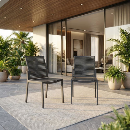Gray Rope Fabric Outdoor Patio Dining Side Chair Set Of 2, Contemporary Style