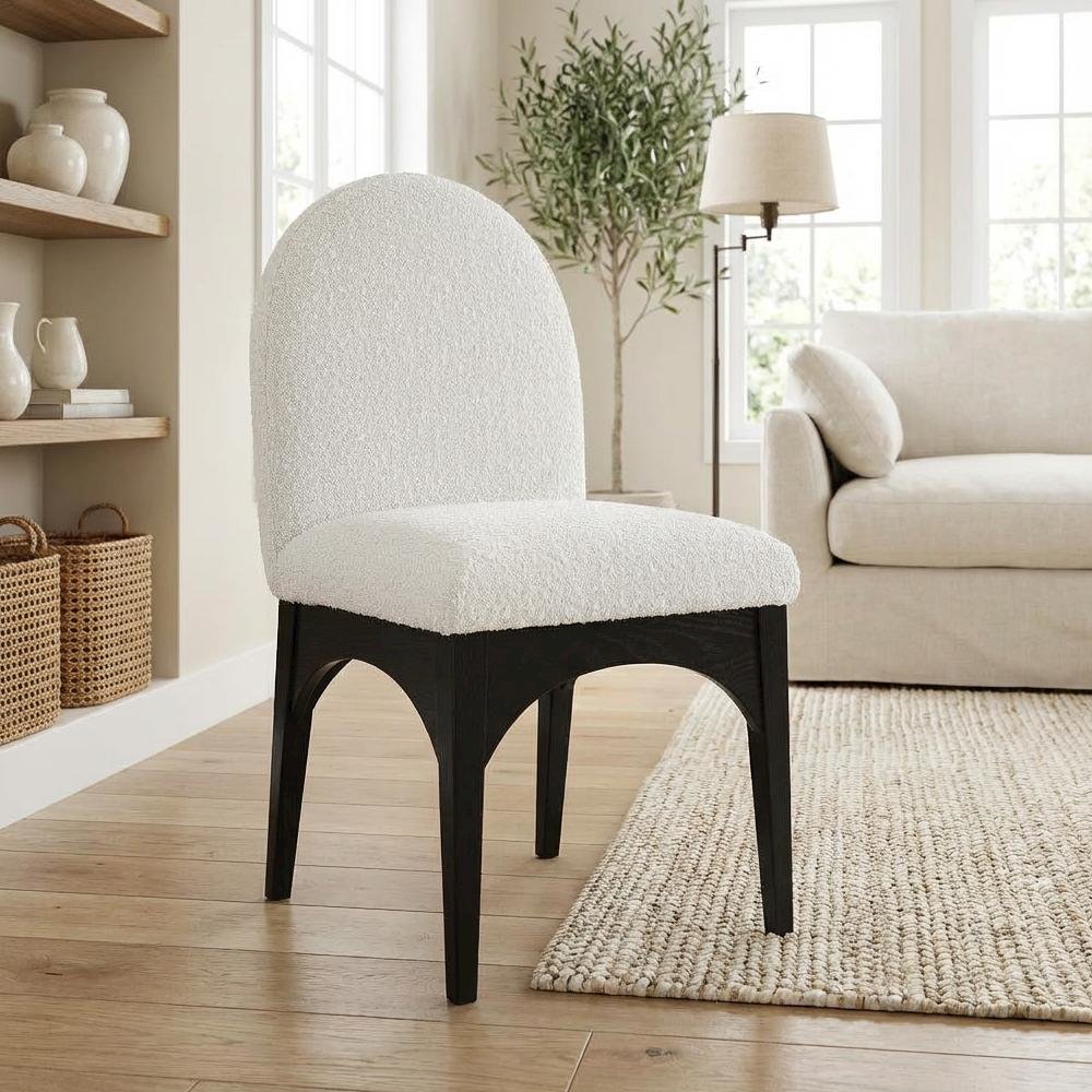 Black Boucle Fabric Dining Chair with Art Deco Style and Cushioned Seat