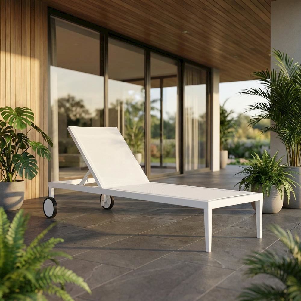 White Mesh Fabric Outdoor Patio Chaise Lounge Chair With Contemporary Style
